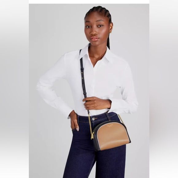 New Kate Spade Morgan Colorblock Double-zip Dome Crossbody Leather Cafe Mocha - Picture 2 of 5